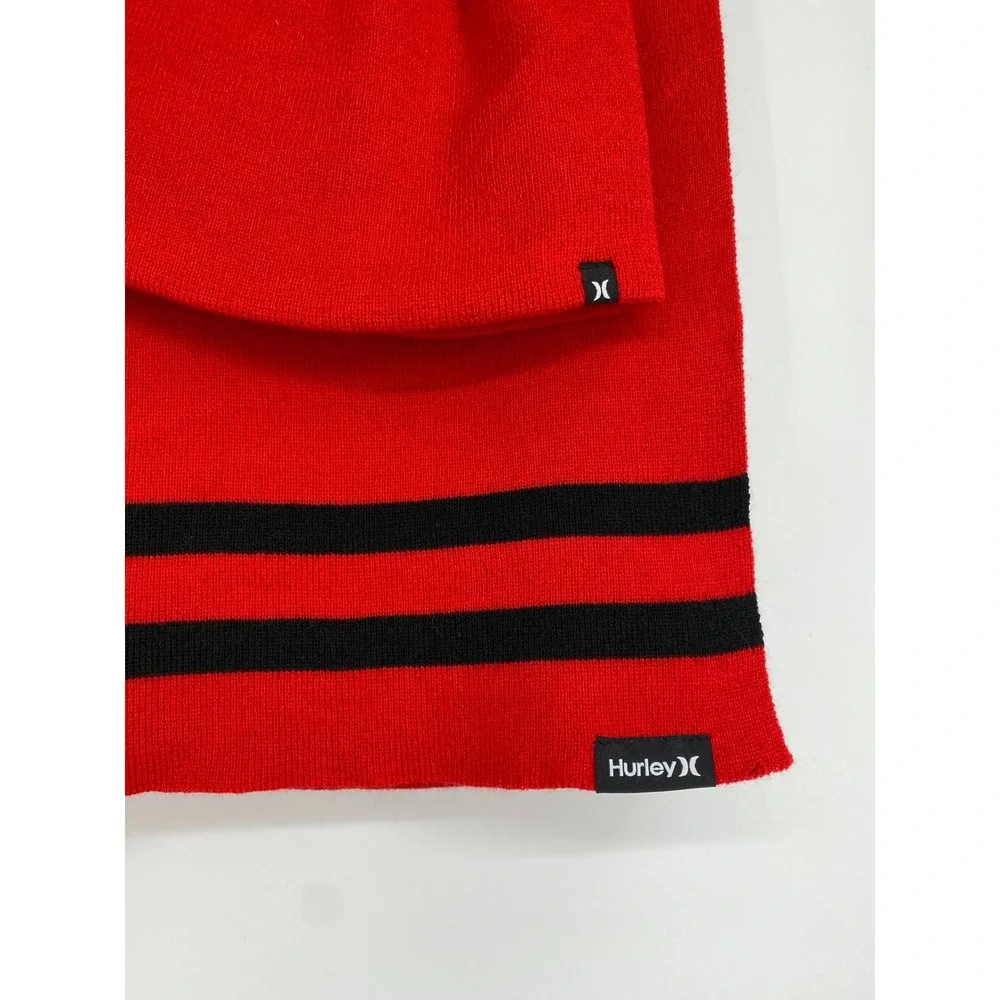 Hurley New‎ Yorker Beanie & Scarf Set Red Black Striped Knit Winter Hat